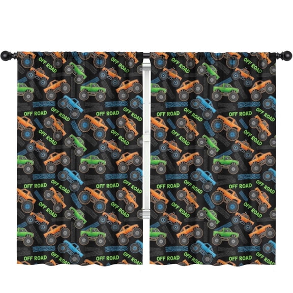 Blackout Kids Curtains,Monster Cartoon Truck Black Pattern Children's Insulated Curtains Set Of 2,Bedroom Essentials,Toddler Room Decor 52"x84"
