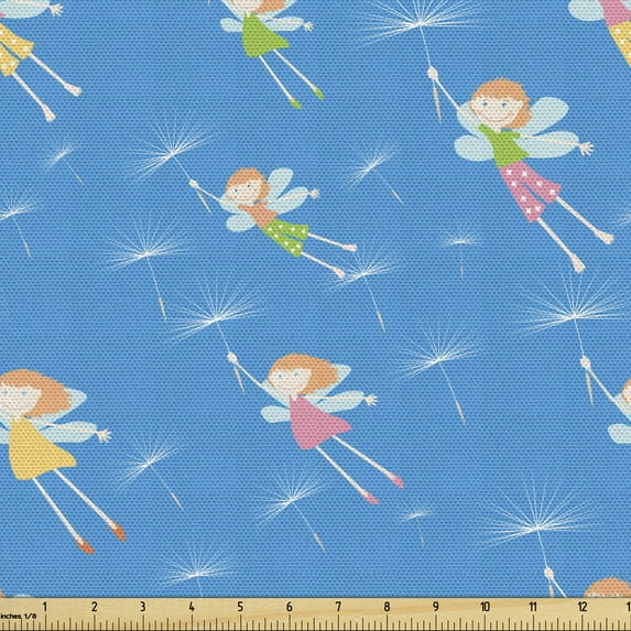 Fantasy World Fabric by the Yard Upholstery, Pattern of the Flying Elves Theme Design, Decorative Fabric for DIY and Home Accents, 5 Yards, Sky Blue and Multicolor by Ambesonne