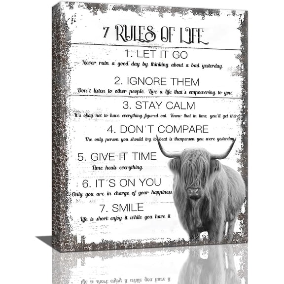 WFSposter-Inspirational Quotes 7 Rules of Life Wall Art Motivational Highland Cow Pictures Painting Decor Modern Canvas Prints Framed Artwork Home Decoration for Bathroom Bedroom Living Room Office