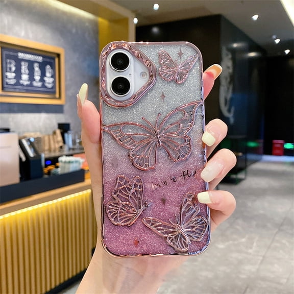 Dteck Butterfly Case for iPhone 16 Plus,Shockproof TPU Case with Bling Paper Back Cover for iPhone 16 Plus,Pink