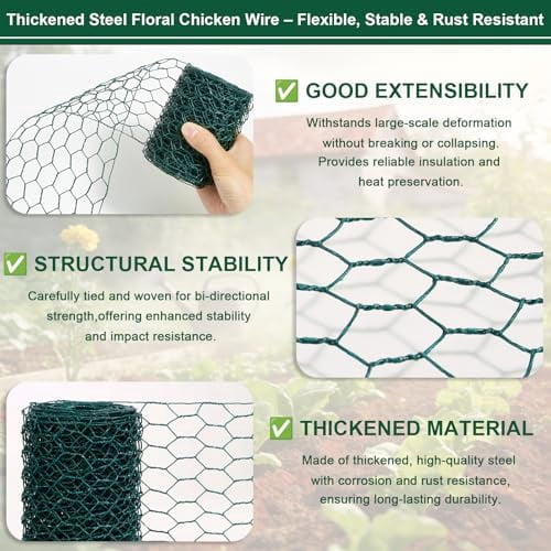 Floral Chicken Mesh for Craft, 4 x 236 Inch Galvanized Hexagonal Netting Roll, Lightweight Garden Poultry Fence for Coop & Rabbit, Metal Mesh Kit with Gloves, Ties and Plier