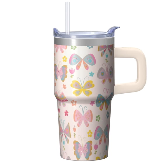 20OZ Butterfly Tumbler Cup with Handle Straw and Lid Flower Pattern Travel Coffee Mug Stylish Drinkware Perfect Gift for Women Friends Ideal for Holiday Birthday Party Favors Office Daily Use