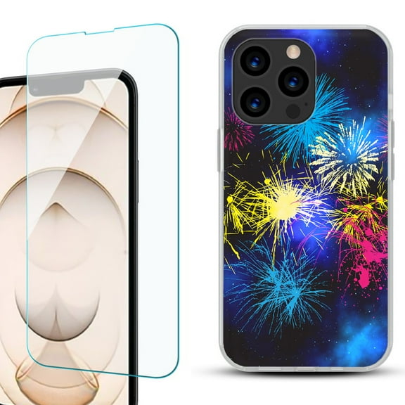 Slim-Fit Anti-Scratch Gel TPU Phone Case for iPhone 13 Pro, with Tempered Glass Screen Protector, by OneToughShield ® - Fireworks