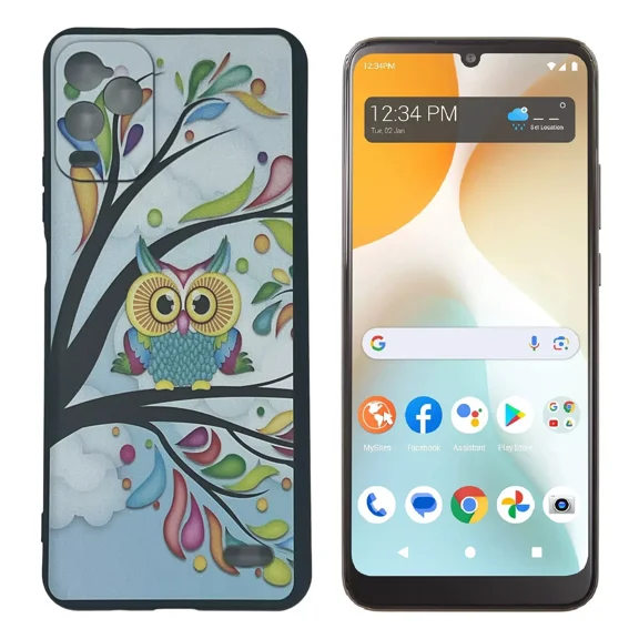 For BLU View 5 PRO B170D TPU 1-Piece Flexible Skin Cover Cell Phone Case   Tempered Glass - Owl