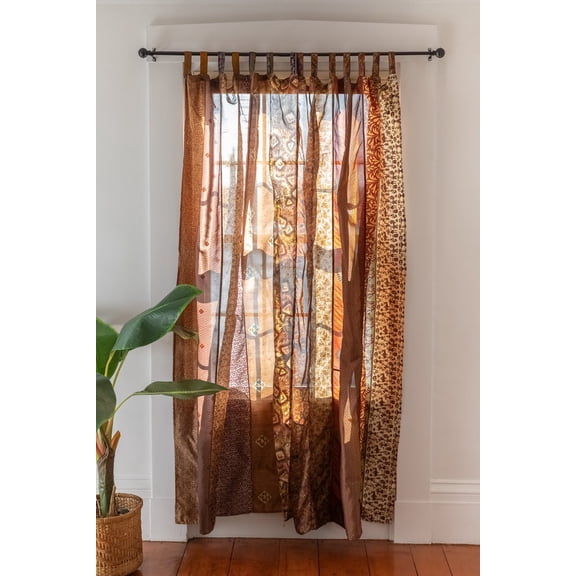 Indian Silk sari Blend Home Decor Patchwork Light Filtering Curtain Door Window Drape Curtains 84” inches (Brown) Panels