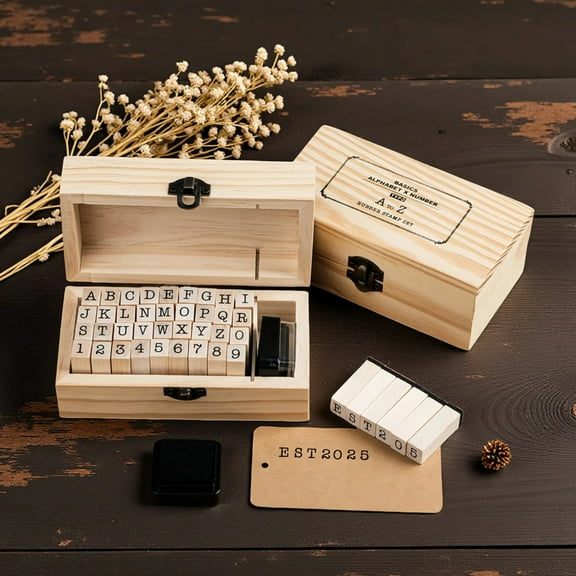 ARLUCKAT Wooden Alphabet Rubber Stamp Set Alphabetic And Numeric Combinations With Box
