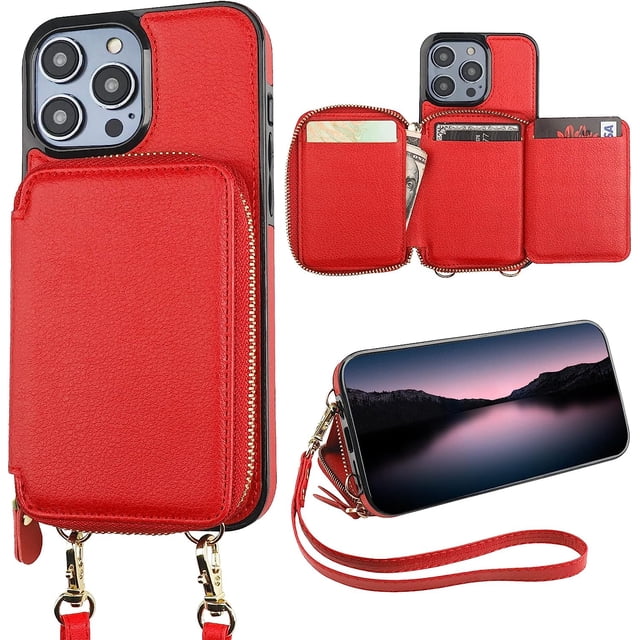 Funda tipo cartera con bloqueo RFID para iPhone 14 Pro, ajustable, cruzada, con cremallera, tarjetero, soporte y correa de muñeca desmontable, funda tipo libro de piel sintética de 6,1 pulgadas y 5G