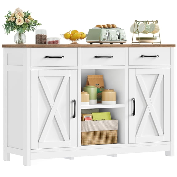 TEENFON Sideboards and Buffets with 3 Drawers, 2 Adjustable Shelves & 2 Doors, Coffee Bar Cabinet, Kitchen Cabinet for Kitchen,Living Room, White