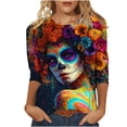 thumbnail image 2 of Xdegoge Womens 3/4 Sleeve Tops Casual Crewneck Day Of The Dead Sugar Skull Print Loose Fit Tees for Halloween Festival Holiday Everyday Wear, 2 of 5