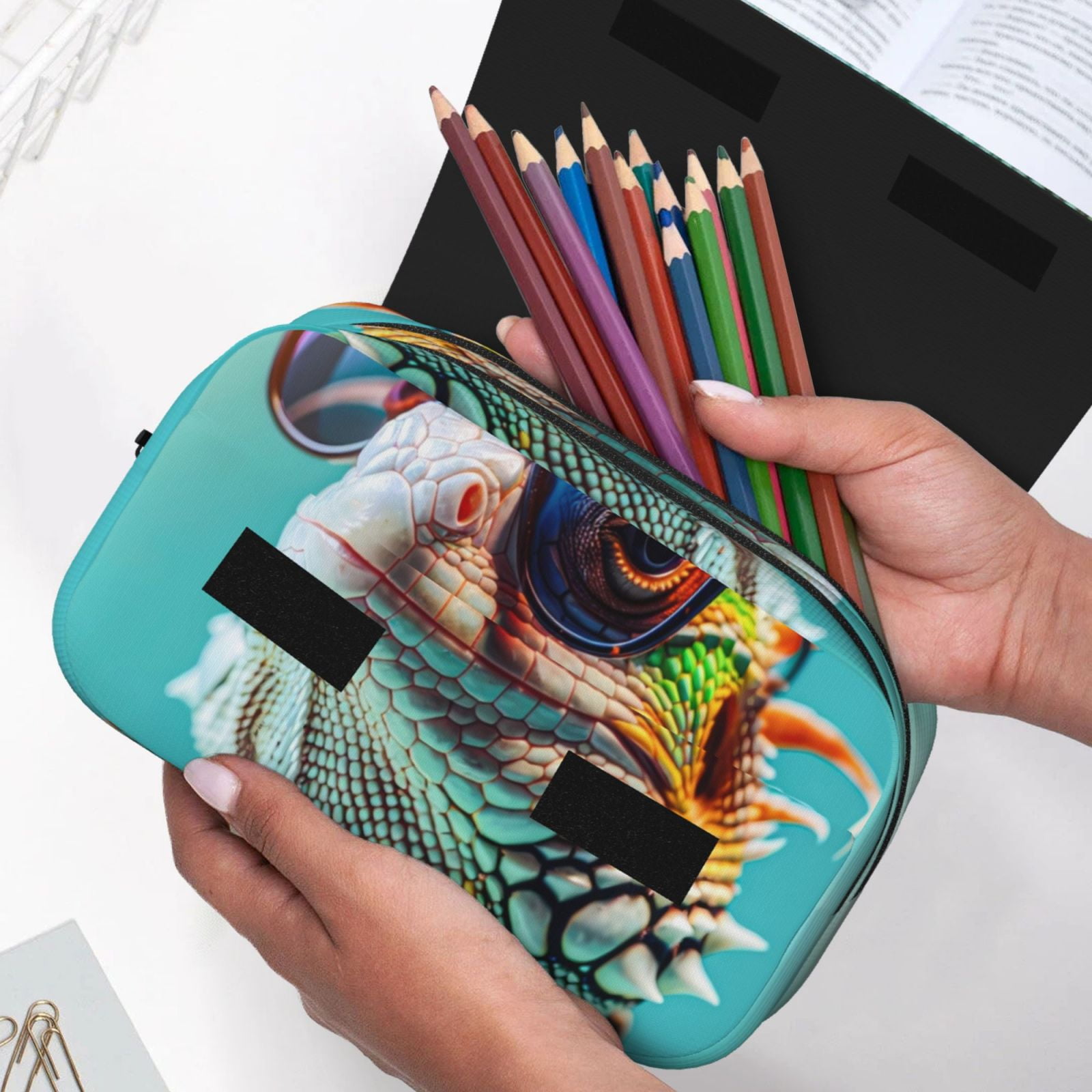 Rateoe Stylish Sunglasses Iguana Pattern Double Clamshell Pen Case, Storage Organizer with Two Zipper Compartments– Holds Up to 50 Pencils & Pens