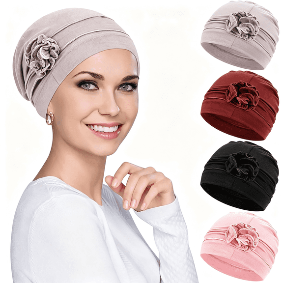 XIBUFE 4pcs Chemo Headwear Turbans Cap Beanie Hat Head Wraps Hair Coverings for Women Sleep Cap Chemo Cancer Hat with Flower Design, soft & breathable, hats for women (4 Colors)