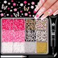 thumbnail image 1 of Juego de 4 dijes y gemas para uñas 3D con pegamento de diamantes de imitación, 20 piezas de dijes para uñas de mariposa gruesa dorada y plateada, flores 3D para uñas, cristal y perlas + cuentas de cav, 1 of 5