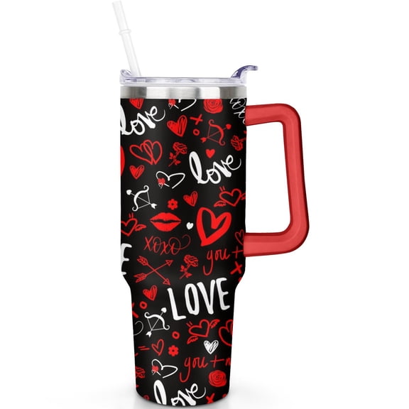 40oz Valentine's Day Tumbler with Handle Straw 40 oz Valentine's Day Theme Tumbler with Spill Proof Lid Double Insulated Travel Coffee Cup Valentine's Day Gifts for Men Women Travel Tumbler Must Have