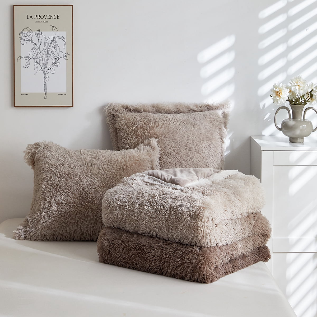 Wajade Ombre Shaggy Duvet Cover Comforter Cover Set Fluffy Fuzzy Faux Fur Bedding Set ,No Fill(1 Duvet Cover + 2 Pillow Shams, Coffee Ombre, Full Size)