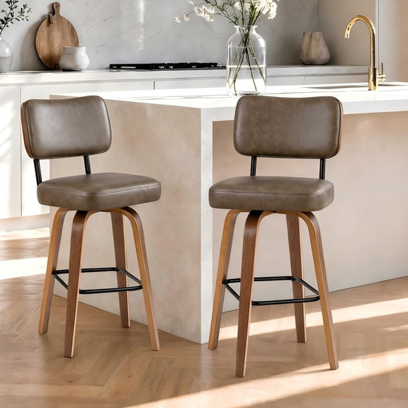 Modern Swivel Bar Stools Set of 2 Counter Height Faux Leather Upholstered Bentwood Legs Ergonomic Backrest Stylish Kitchen Island Chairs with 360° Swivel & Sturdy Footrest – Brown