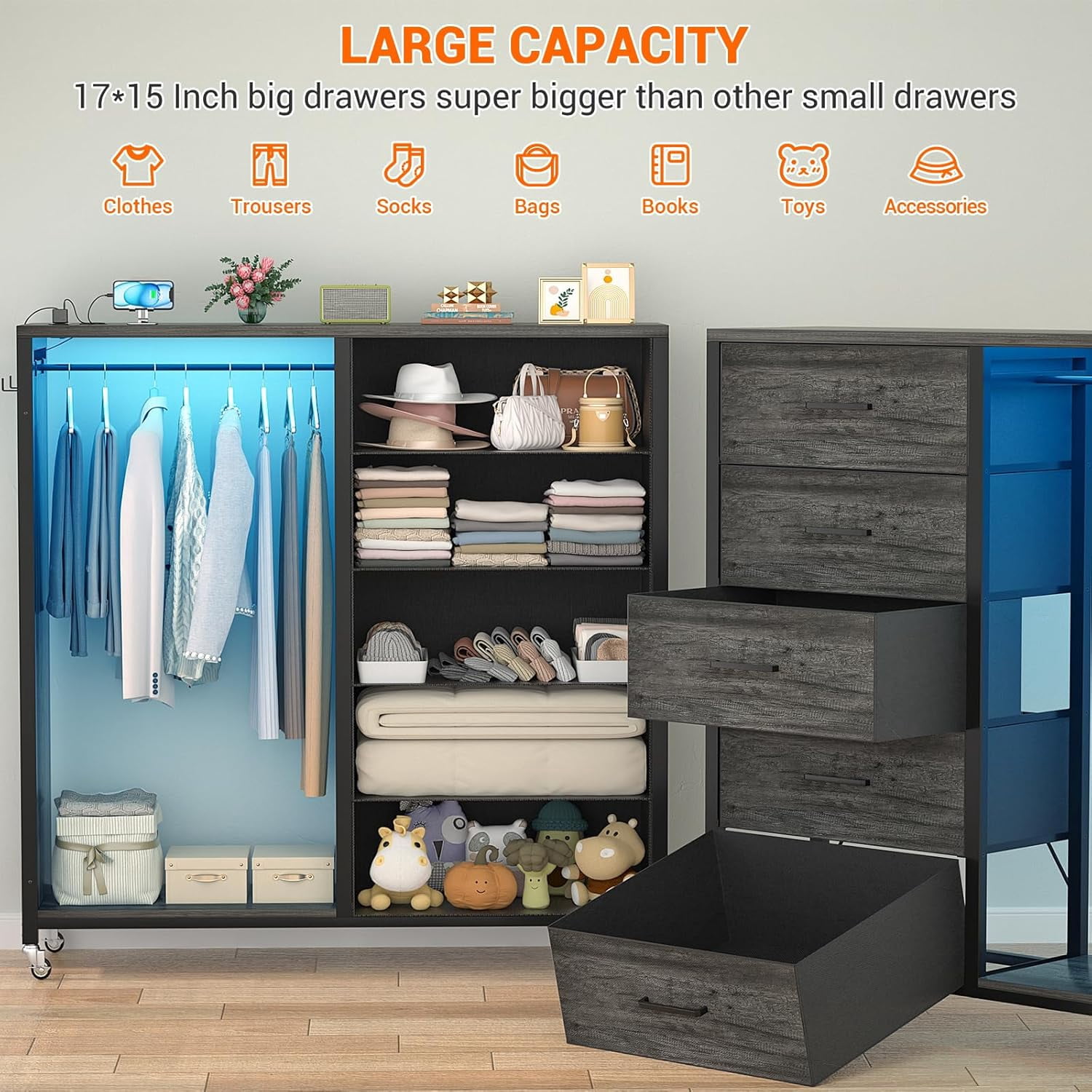 Homieasy Dresser for Bedroom with Clothes Rack & Mirror, Black 5 Drawers Dresser with Charging Station & LED Lights, Rolling Chest of Drawers with Wheels, Full Length Mirror, Wooden Top