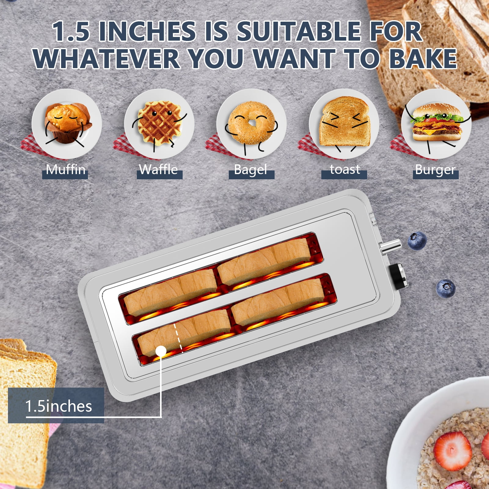 Plum Chef Long Slot 4 Slice Toaster 1600W, for Bagels & Waffles, 6 Browning Levels, 4 Basic Functions & Removable Tray, Kitchen Gadgets, Silver