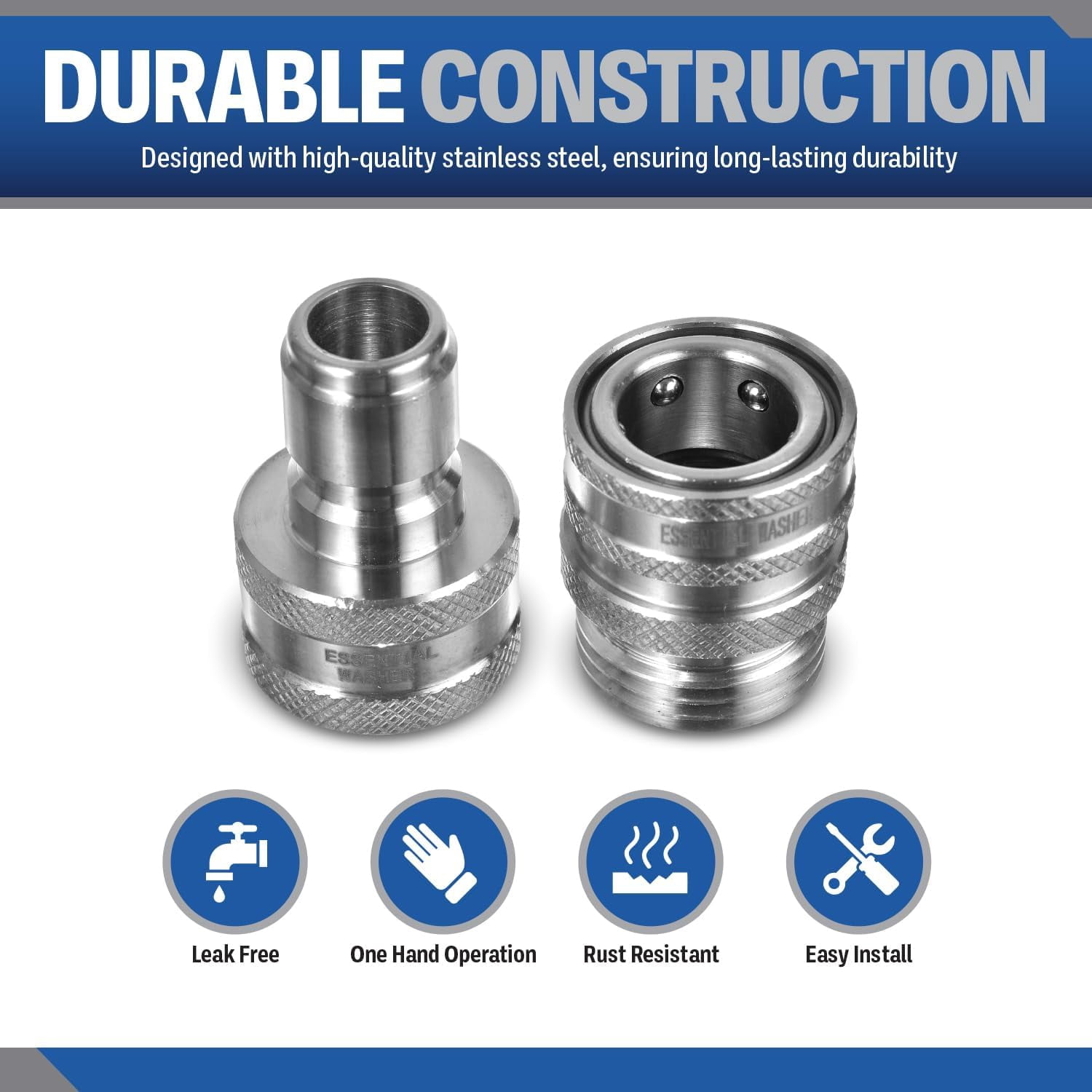 Essential Washer Stainless Steel ¾” Garden Hose Quick Connect Fittings | One Hand Operation Design | Plug & Coupler Set Of 4