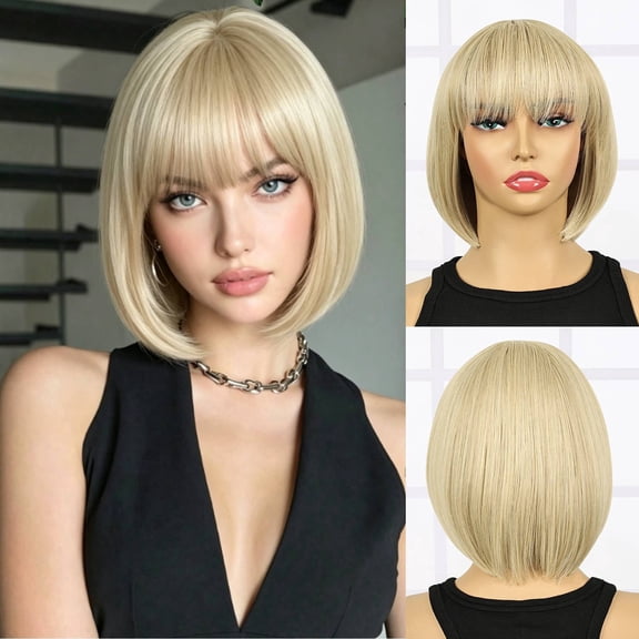 【Natural Look】PHOCAS Blonde Bob Wig with Bangs, Heat Resistant Synthetic Short Wig for Women, Daily Wear 10 Inch
