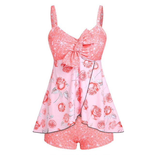 Tankini de Talla Grande con Estampado de Rosa de Moño Rosegal Camisetas sin mangas de talla grande