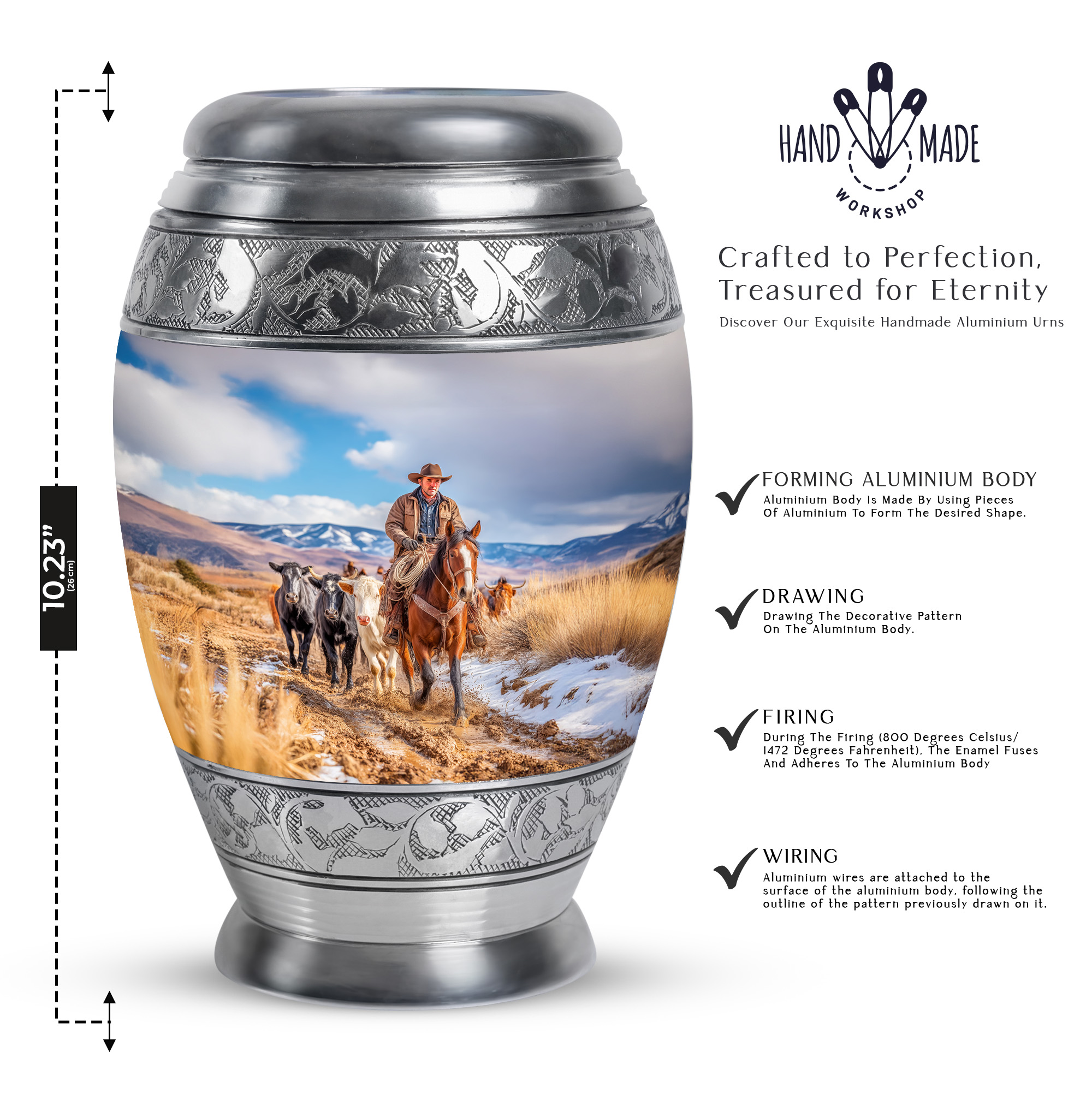 SABURIAL Cowboys Memorial Cremation Urns - Burial Urn for Ashes Adult Male - Large Funeral Urn for Ashes Adult Female - Decorative Urns for Women & Men - 10 Inch