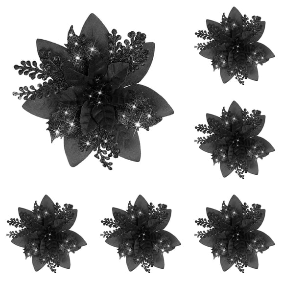 12 Pack Black Glitter Poinsettia Christmas Flowers, 5.7 Inch Artificial Holiday Floral Accents for Tree, Wreath, Garland, Mantel & Gothic Home Decor