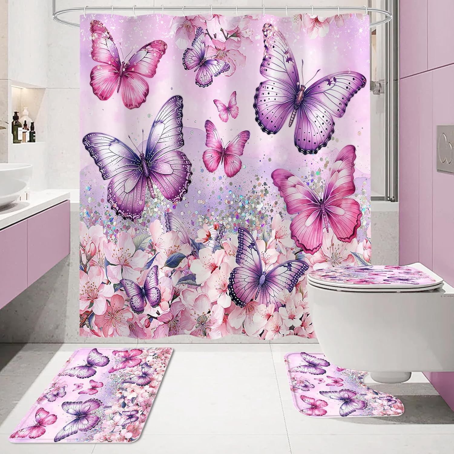 4 Pcs Purple Butterfly Shower Curtain Set with Non-Slip Rugs, Modern Toilet Lid Cover and Bath Mat, Floral Chic Bathroom Decor Set with Shower Curtain and Rugs