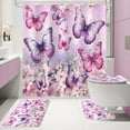 thumbnail image 2 of 4 Pcs Purple Butterfly Shower Curtain Set with Non-Slip Rugs, Modern Toilet Lid Cover and Bath Mat, Floral Chic Bathroom Decor Set with Shower Curtain and Rugs, 2 of 6
