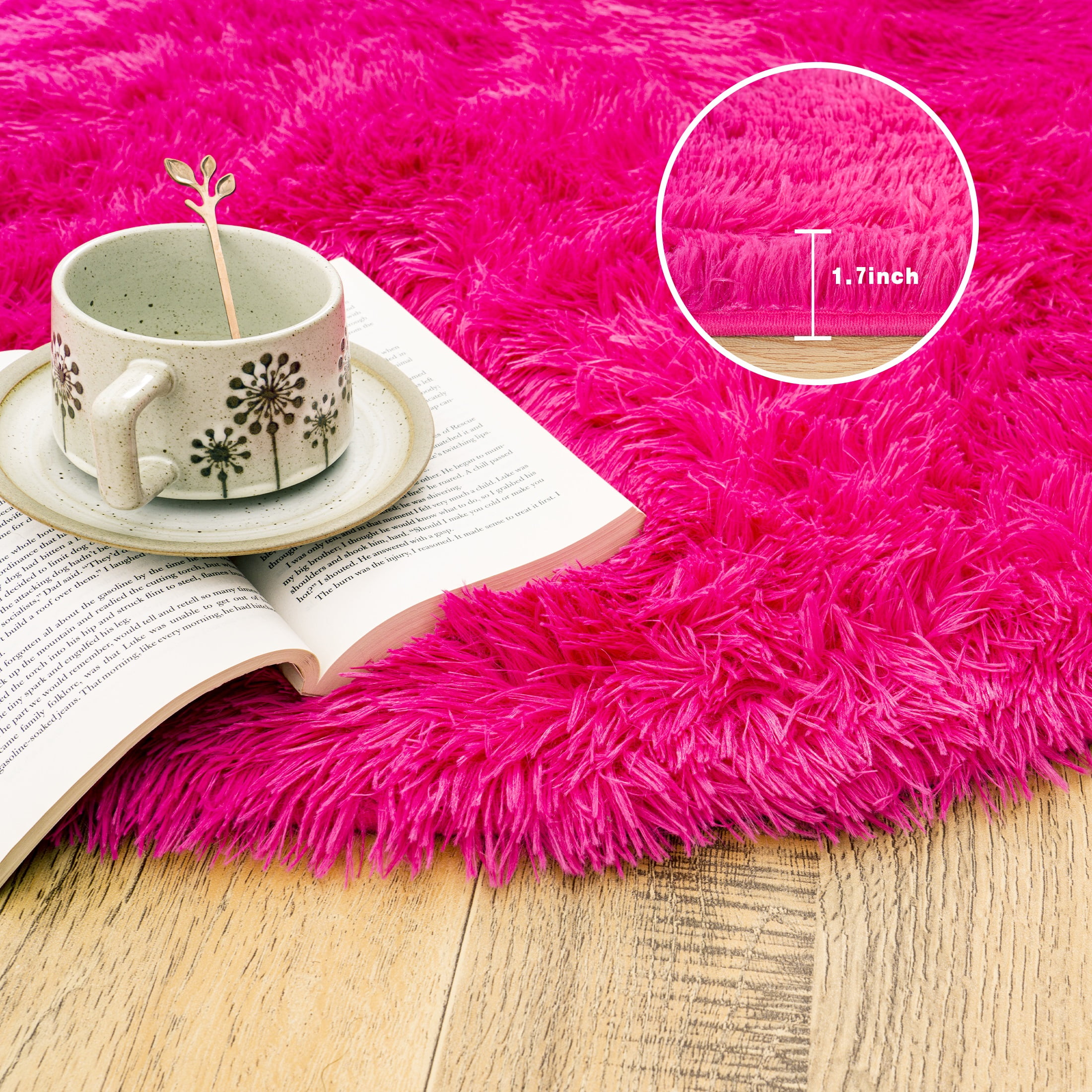 Socofuz Round Fluffy Rug, Rosy Red 5×5ft Washable Carpet - Plush Shaggy Non-Slip for Girl's Bedroom, Children's Room Nursery Bedroom