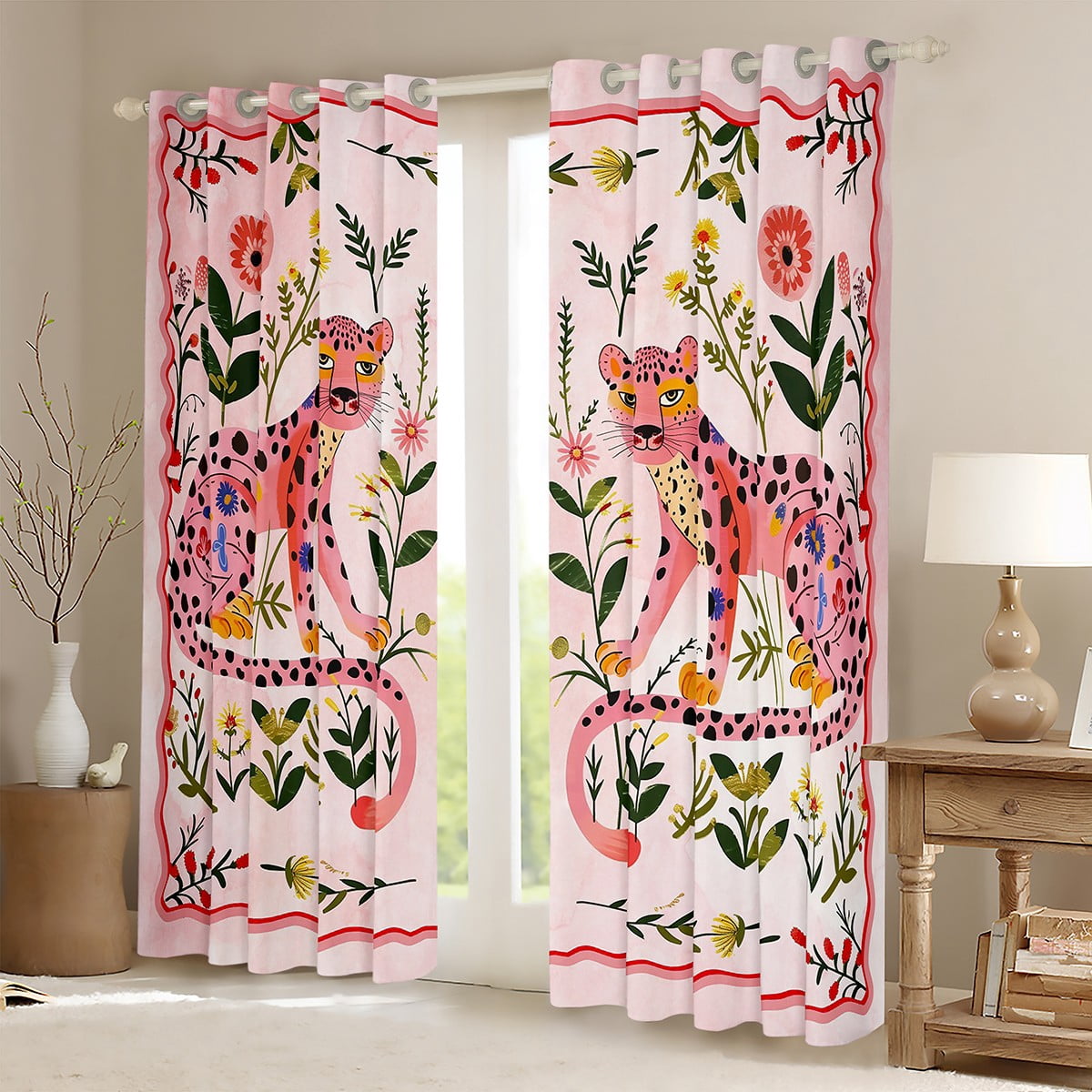 Castle Fairy Animal Leopard Curtains Pack of 2 (42x84 Each),Pink Green Curtains Blackout,Chic Flower Bedroom Curtains,Microfiber Teens Bedroom Decor