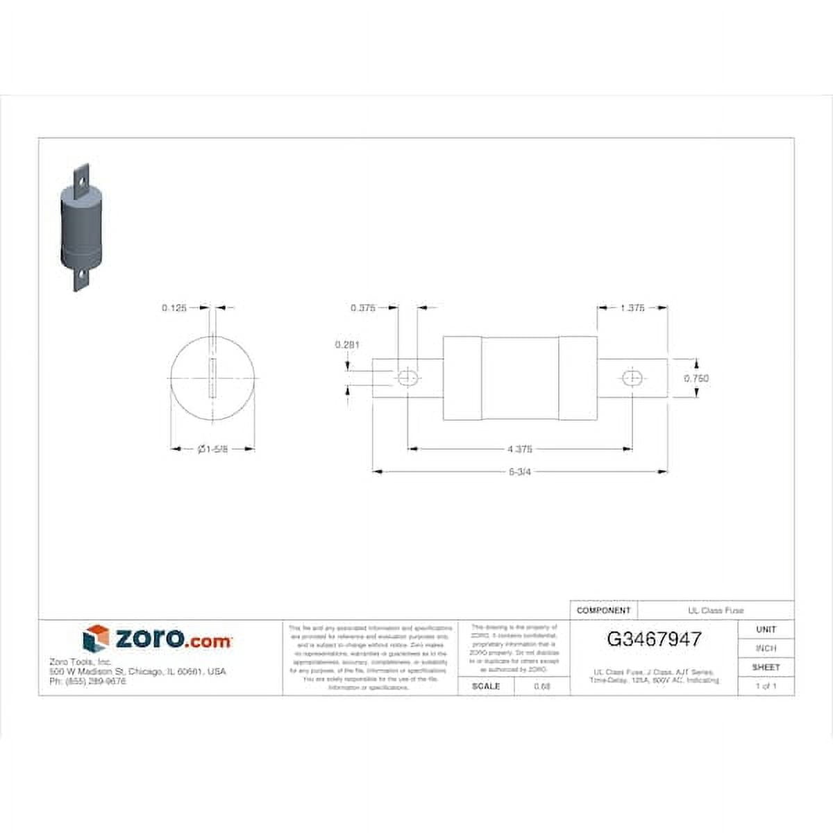 UL Class Fuse, J Class, Time-Delay, 125A, 600V AC, Indicating AJT125