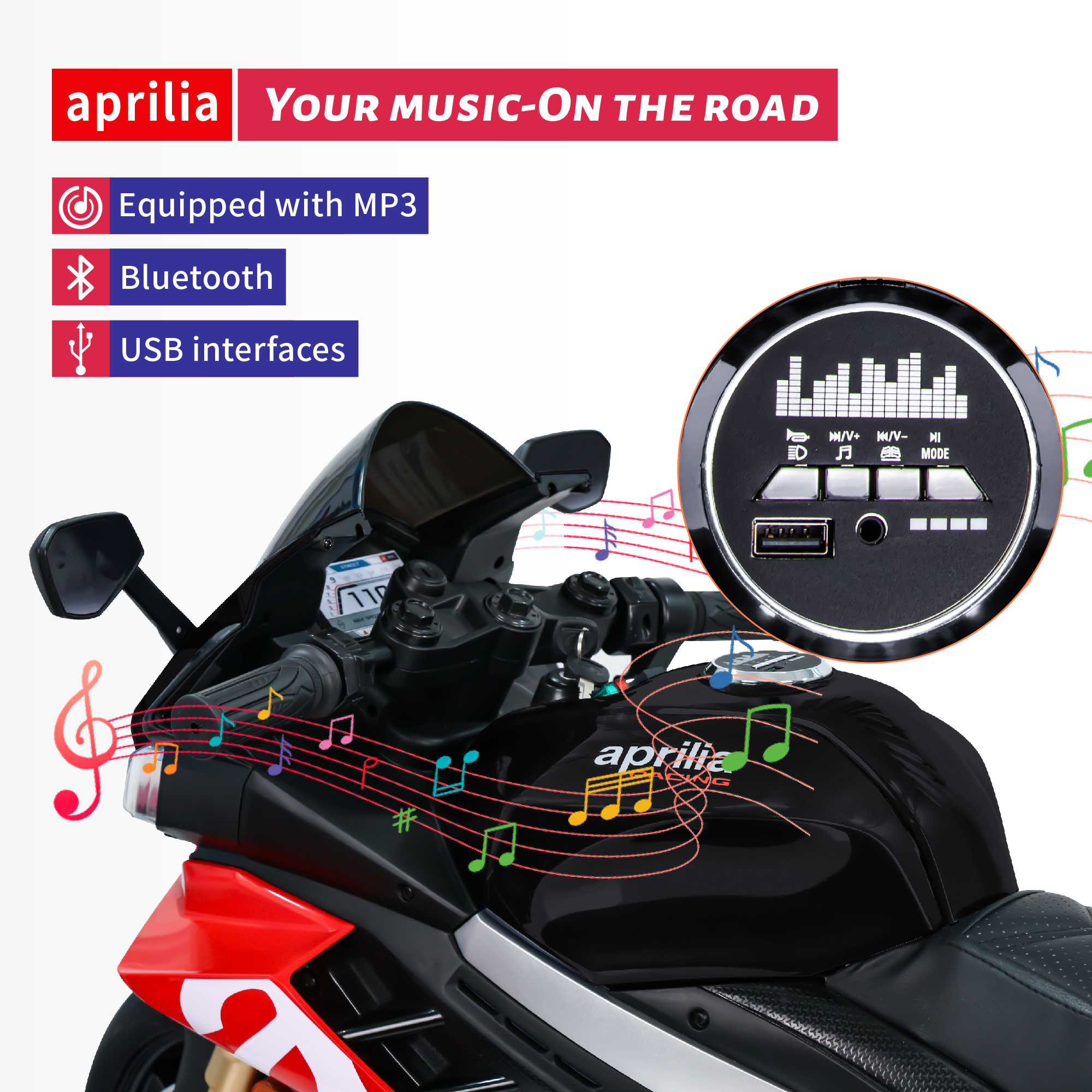 HEIMILI 24V Aprilia Kids Motorcycle Electric Motorbike Ride on Toy w/LED Lights Bluetooth Music Battery Powered 12MPH for Kids 3-6 Years Old