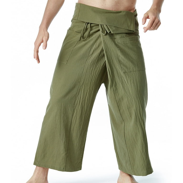 Tuphregyow Men's Thai Fisherman Pants Solid Perfect for Yoga, Martial Arts,  Pirate, Medieval, Japanese Pantalones Cotton Widde Leg Loose Pants  Drawstring Pants with Pockets Army Green Free Size 