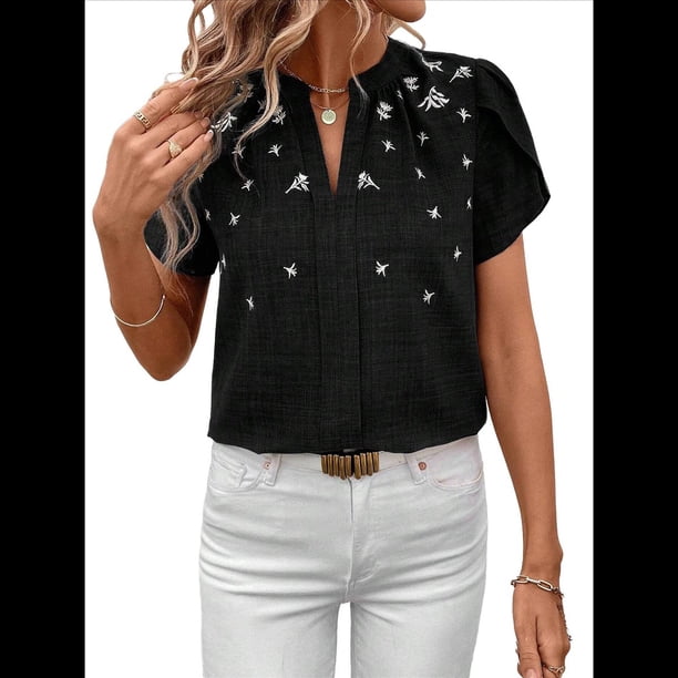 Tops Elegantes de Verano con Cuello en V y Corta para Mujer Negro XL