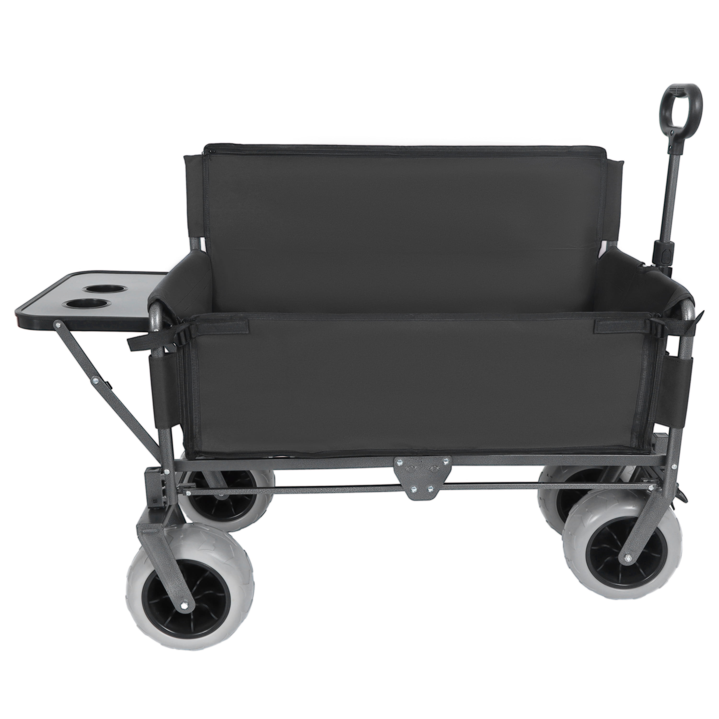 3-in-1 Collapsible Folding Wagon Cart Black, Convertible Bench with Rear Folding Tabletop and Cup Holders, 360°Swivel All-Terrain Wheels for Camping, Beach, Garden, Fishing