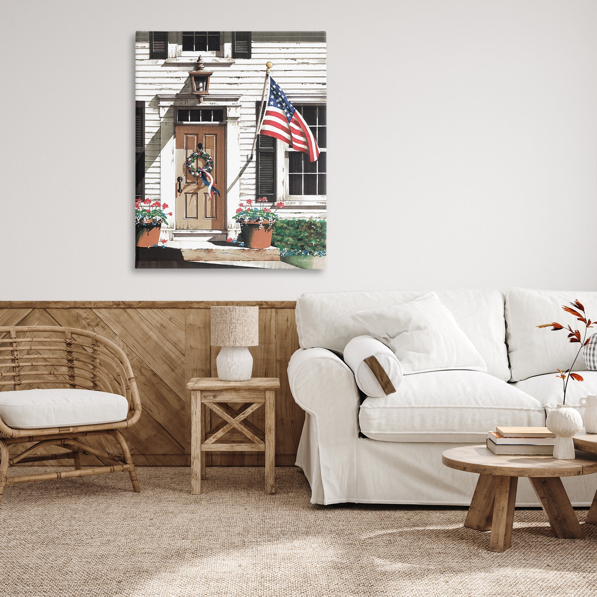 Stupell Industries Country House with Flag Travel & Places Painting Gallery Wrapped Canvas Art Print Wall Art, 36 x 48