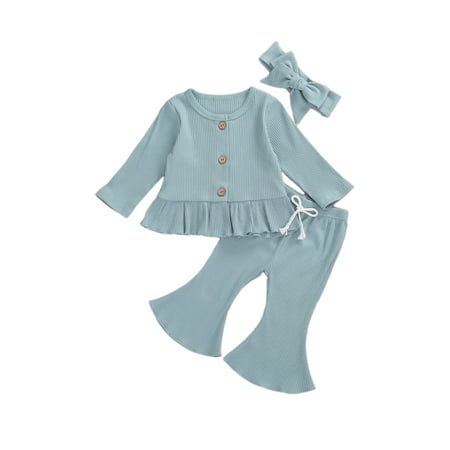 

Canrulo Newborn Baby Girl Fall Winter Casual Clothes Kids Ribbed Long Sleeve Romper Top+Flared Pants 3Pcs Outfits Blue 0-3 Months