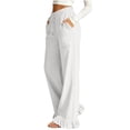thumbnail image 5 of Cotton Linen Pants for Women High Waist Drawstring Ruffle Hem Wide Leg Pants Casual Vacation Trousers with Pockets, 5 of 7