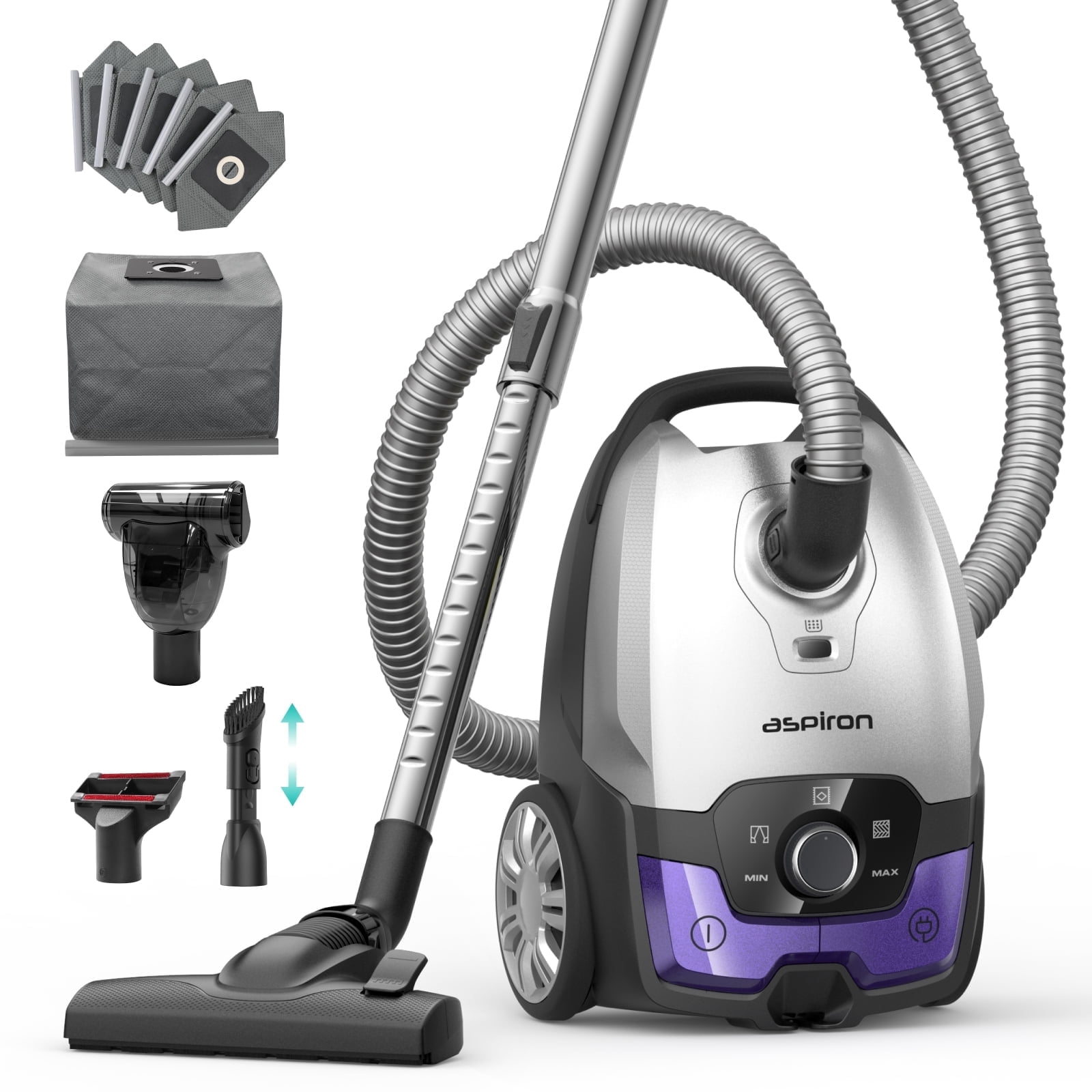 Canister Vacuum,1700W/45KPA Bagged Vacuum Cleaner,5L Large Capacity,Auto Cord Rewind,HEPA Filter,Low Noise,8M Cleaning Radius,Variable Power Control,Easy to Push,Hard Floor,Carpet,Car