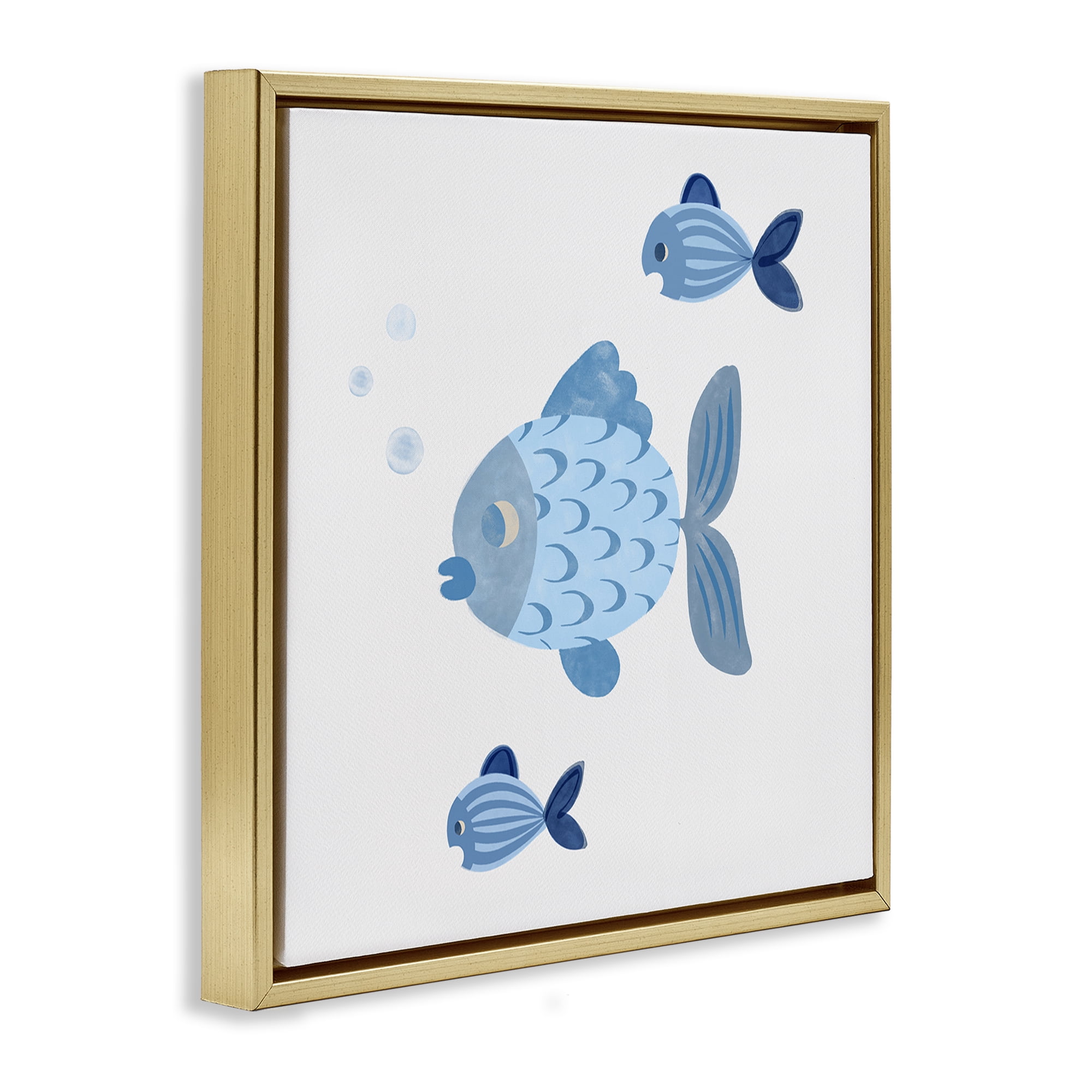 Stupell Industries Minimal Blue Fish Animals Painting Gold Floater Framed Canvas Art Print Wall Art, 18 x 18