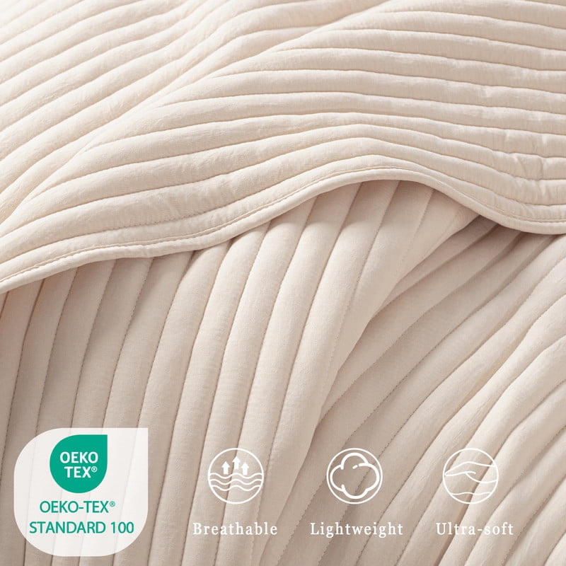 Exclusivo Mezcla Full Queen Quilt Bedding Set, Stripe Stitching Beige Quilts Queen Size for All Seasons, Soft Lightweight Microfiber Bedspreads Coverlets Bed Cover, 90"x96"