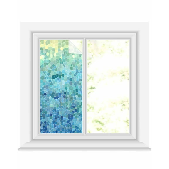 Window Privacy Film Turquoise Blue Teal Stained Glass Window Film Decorative Sun Block Window Cover Chic Stained Glass Texture Aesthetic Window Clings Static Adhesive Sticker for Bathroom 19.6"x39.3"