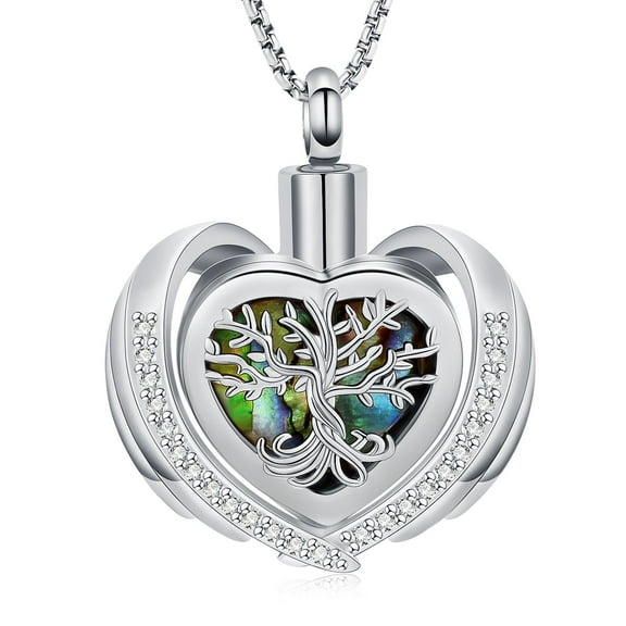 Abalone Shell Stainless Steel Love Heart Tree of Life Urn Pendant Memory Necklace for Cremation Ashes Holder Memorial Jewelry