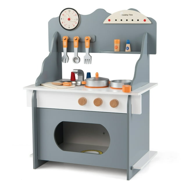 Gymax Pretend Play Toy Kitchen Set w/Clock Stove Spice Rack Faucet & Sink & Oven Gray & White