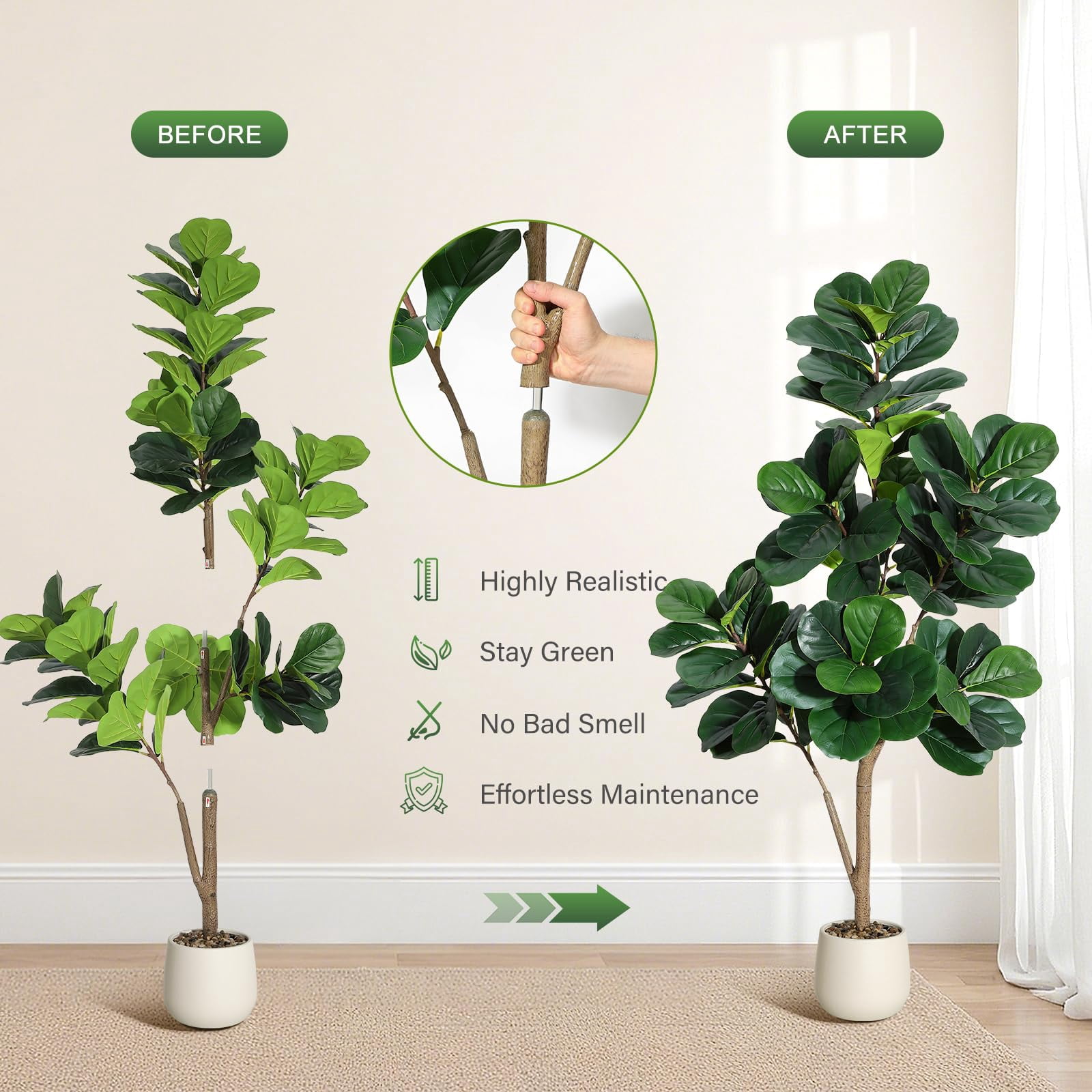 Artificial Fiddle Leaf Fig Tree 5ft – Realistic Faux Ficus Lyrata Floor Plant with White Planter, Indoor Fake Tree for Home Office Living Room Decor