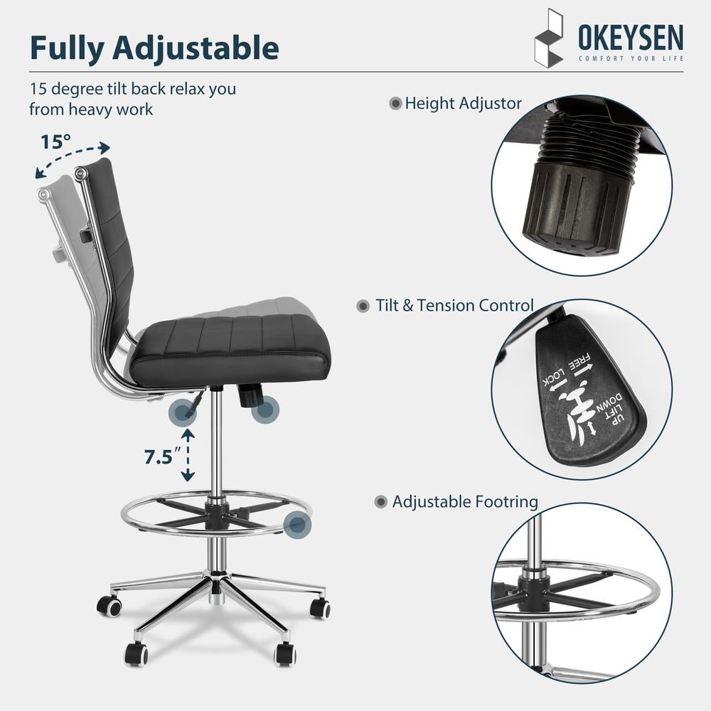Okeysen Tall Drafting Desk Chair, Urban Adult Leather Armless Office Chair, Adjustable Foot Ring, Black (Set of 1)