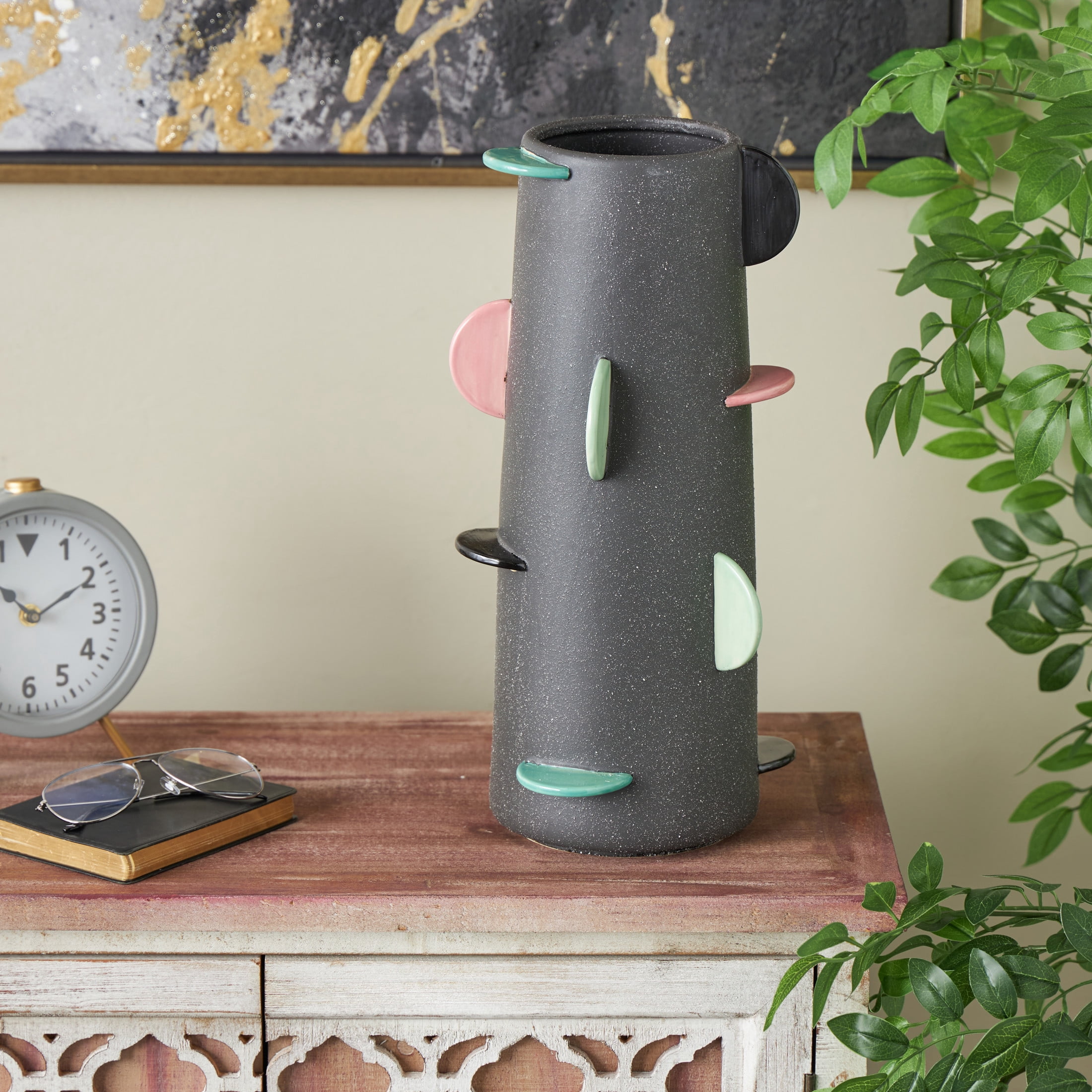 DecMode 16" Textured Black Ceramic Vase with Multicolor Half-Moon Accents