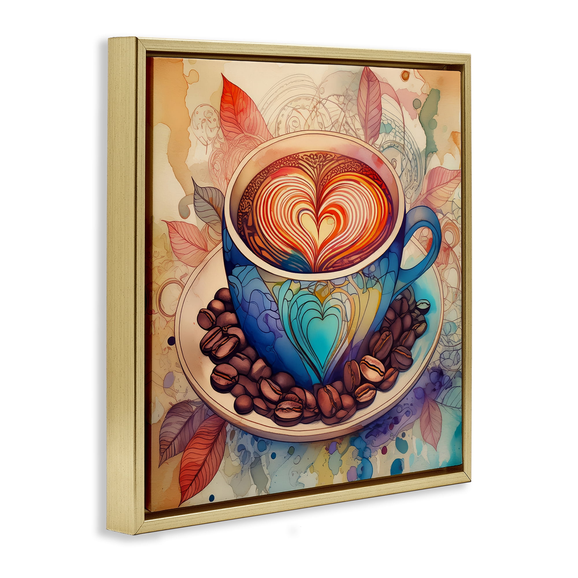 Stupell Industries Coffee Beans & Latte Food & Beverage Painting Gold Floater Framed Canvas Art Print Wall Art, 18 x 18