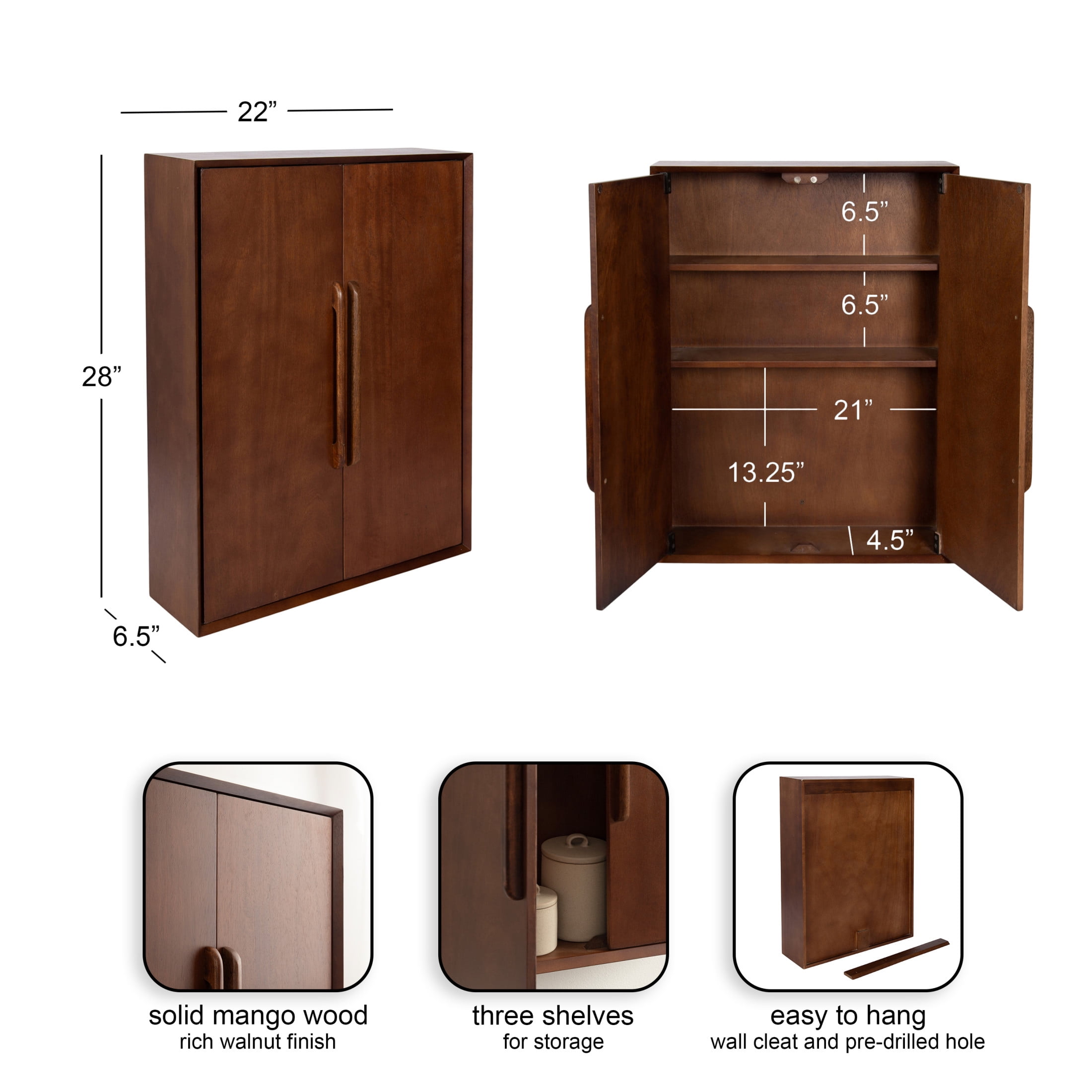 Kate and Laurel McCutcheon Modern Two-Door Floating Bathroom Cabinet, 22 x 7 x 28, Walnut Brown, Decorative Mango Wood Over the Toilet Storage Cabinet for Living Room or Entryway Decor