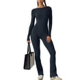 thumbnail image 1 of Mialoley Women Flare Leg Rompers Long Sleeve Open Back Solid Color Jumpsuit Pants Playsuit Streetwear, 1 of 7